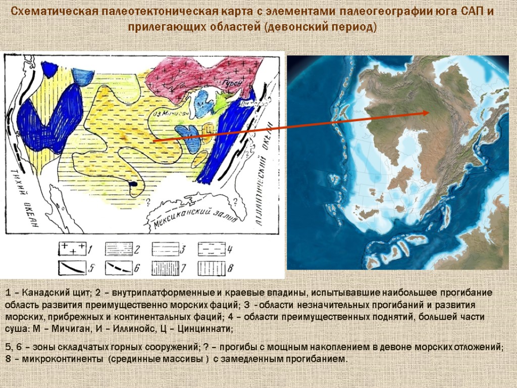 Схематическая палеотектоническая карта с элементами палеогеографии юга САП и прилегающих областей (девонский период) 1